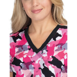 French Bull by Koi Lulu XL Dog Print Camo Frenchie Scrub Top Pink V-Neck